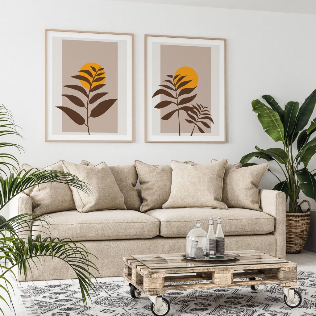 Minimalist Botanical Leaves Orange Sun – Wall Painting