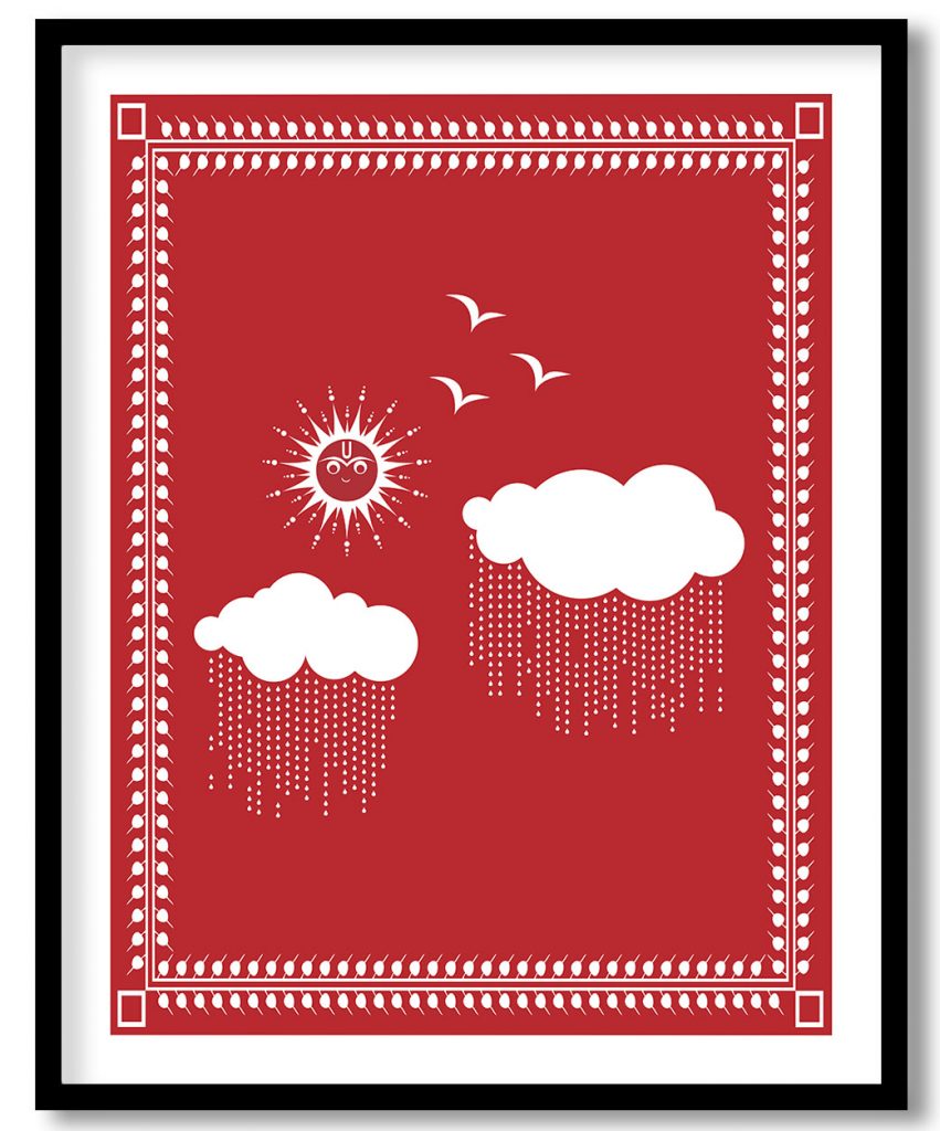 Warli painting of sun and clouds in rainy season