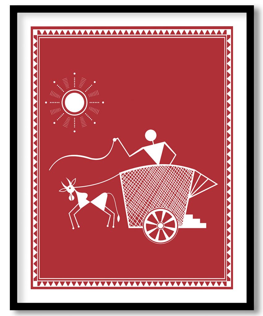 Warli painting of man with bullock cart
