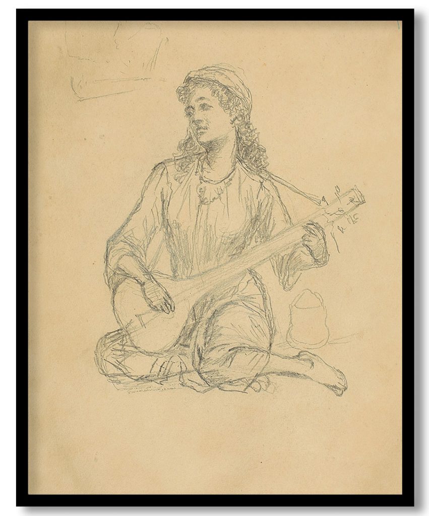 A sketch of a lady playing a musical instrument by Raja Ravi Varma