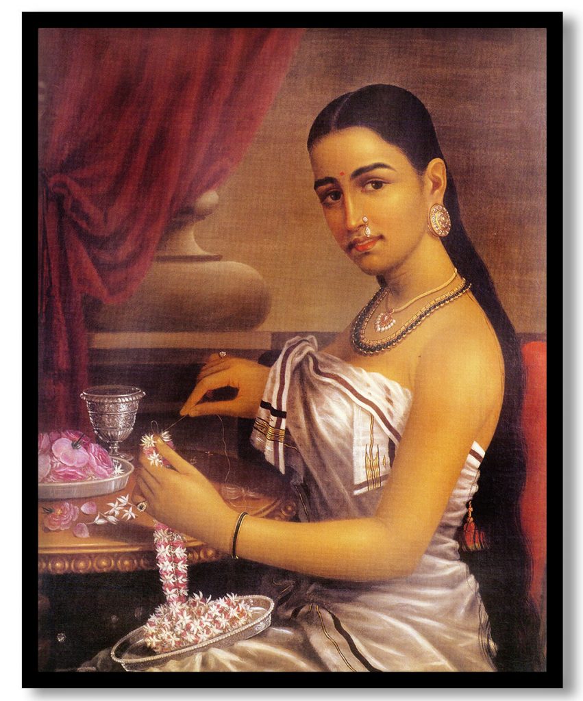 Lady making a garland by Raja Ravi Varma (1895)
