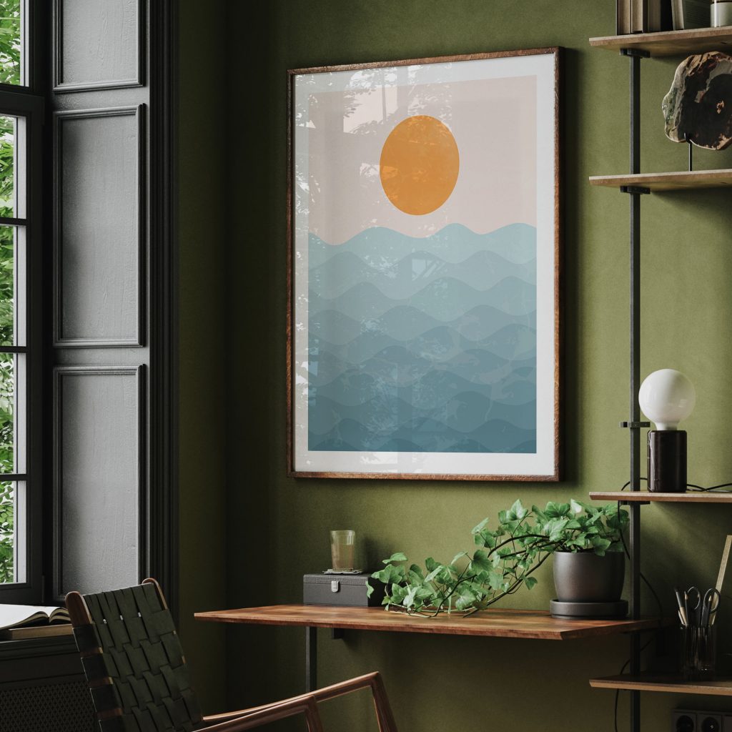 Minimalist Orange Sun Blue Waves – Wall Decor