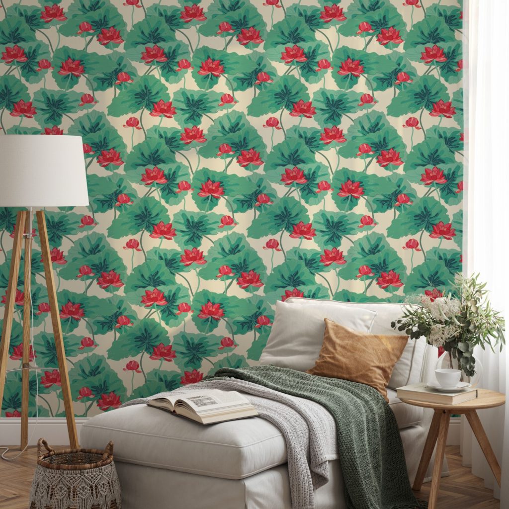 Red lotus botanic pattern