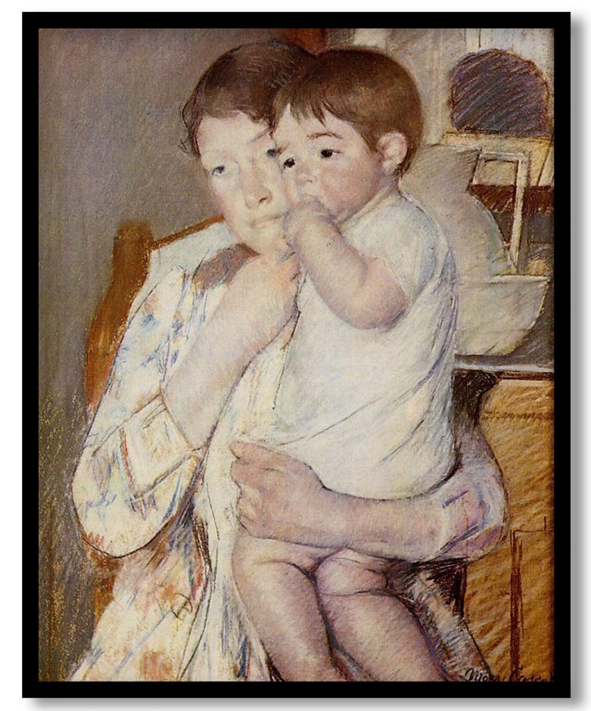Baby in His Mother`s arms, sucking his finger by Mary Cassatt (1889)