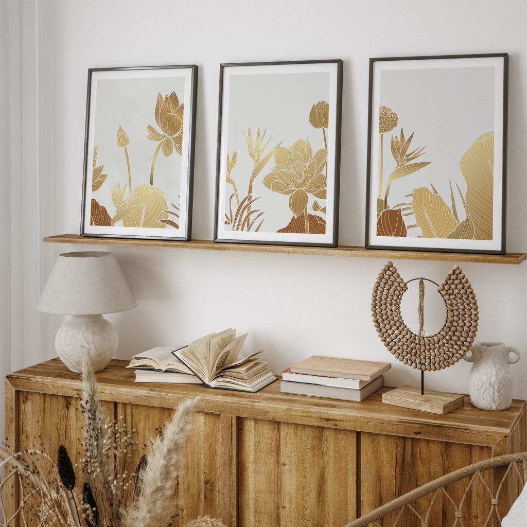 Botanical Golden Tropical Flowers and Leaves – Wall Art