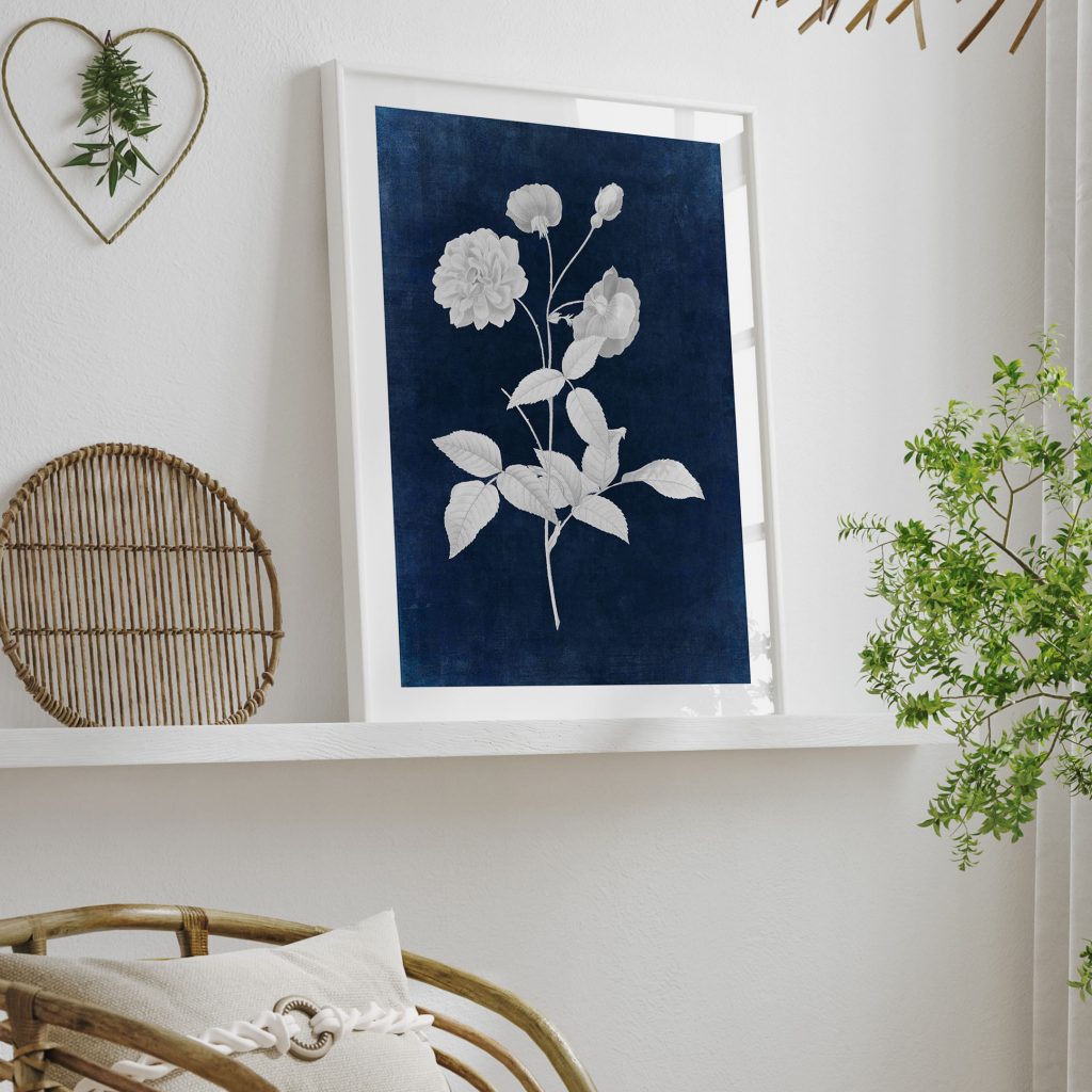 Botanical White Rose Branch Blue Indigo – Wall Decor