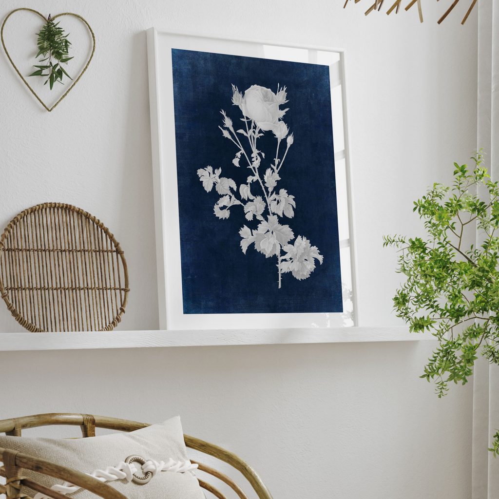 Botanical White Rose Foliage Blue – Wall Decor