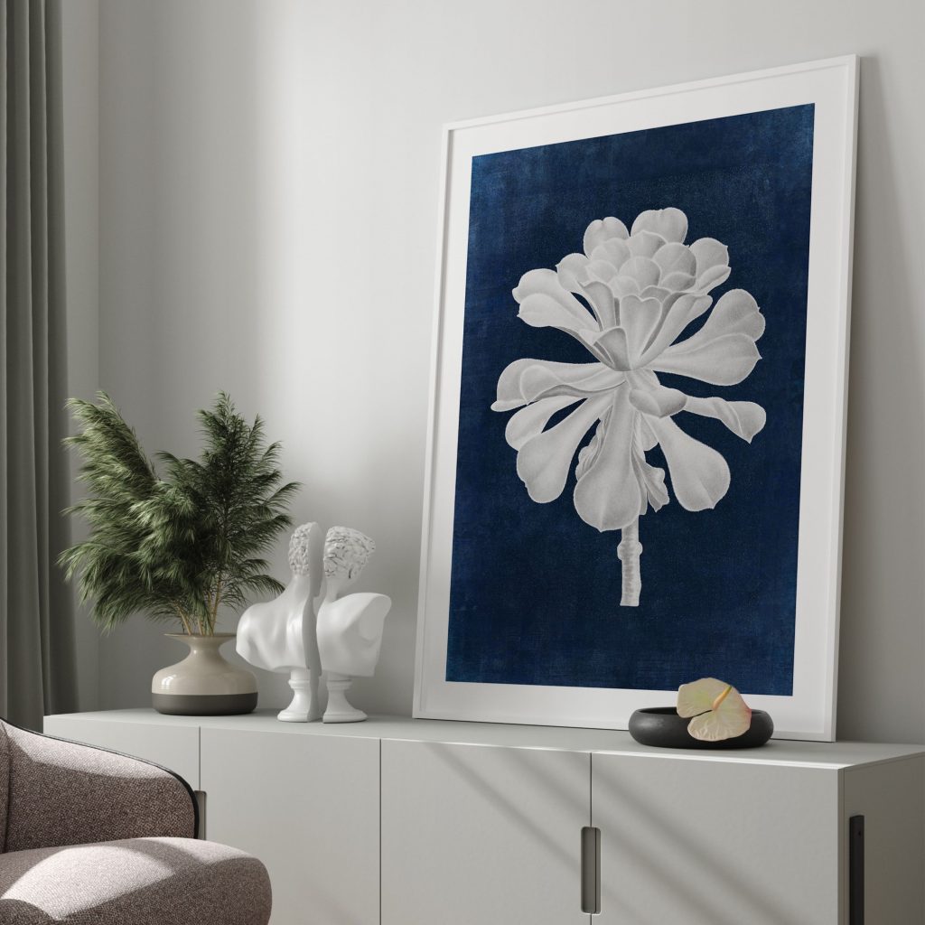 Botanical White Succulent on Blue – Wall Decor