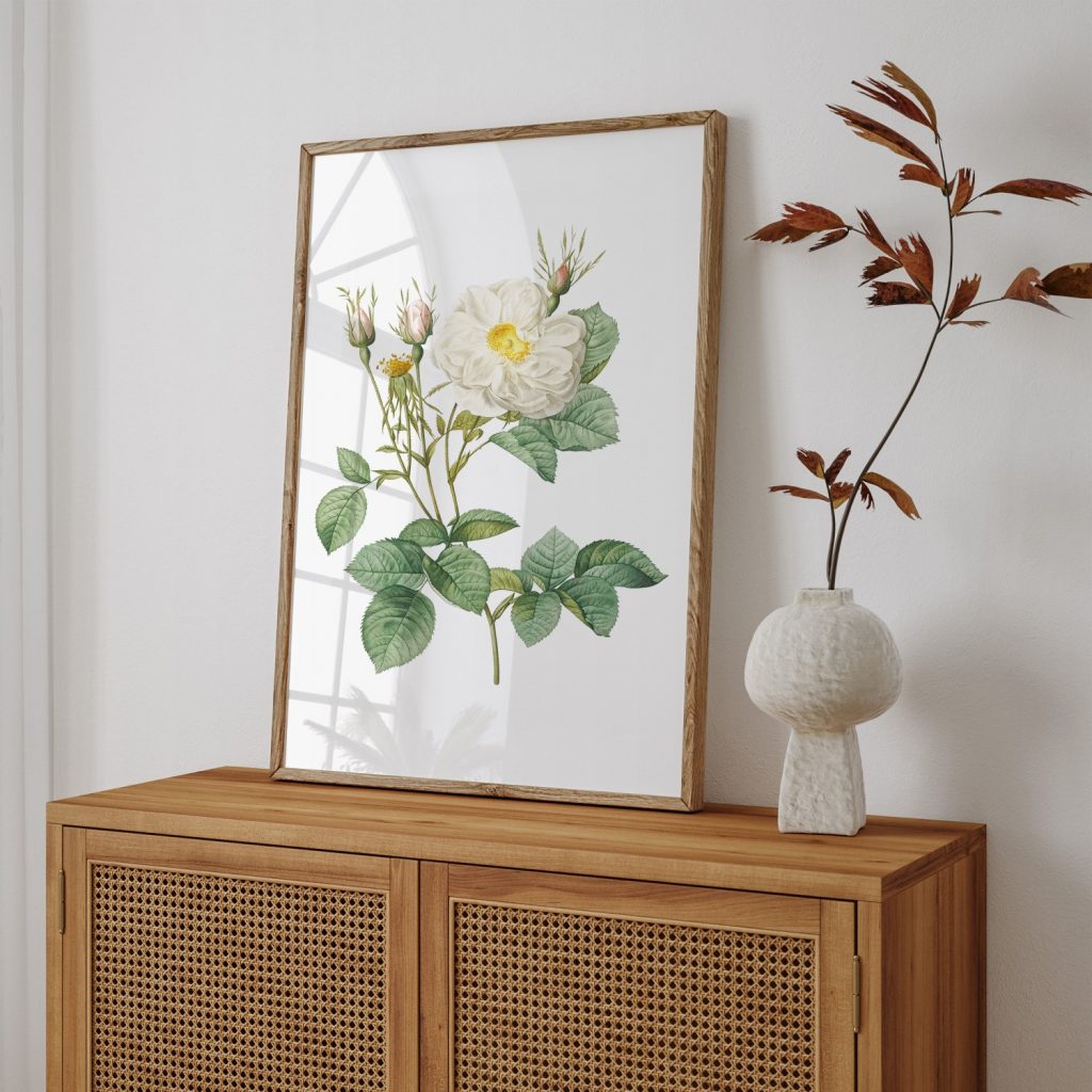 Botanical White Rose Buds Leaves – Wall Decor