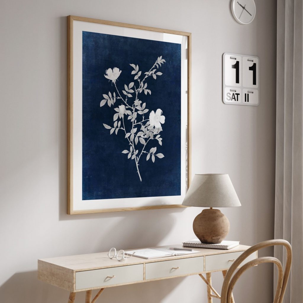 Botanical White Rose Branches Blue – Wall Painting