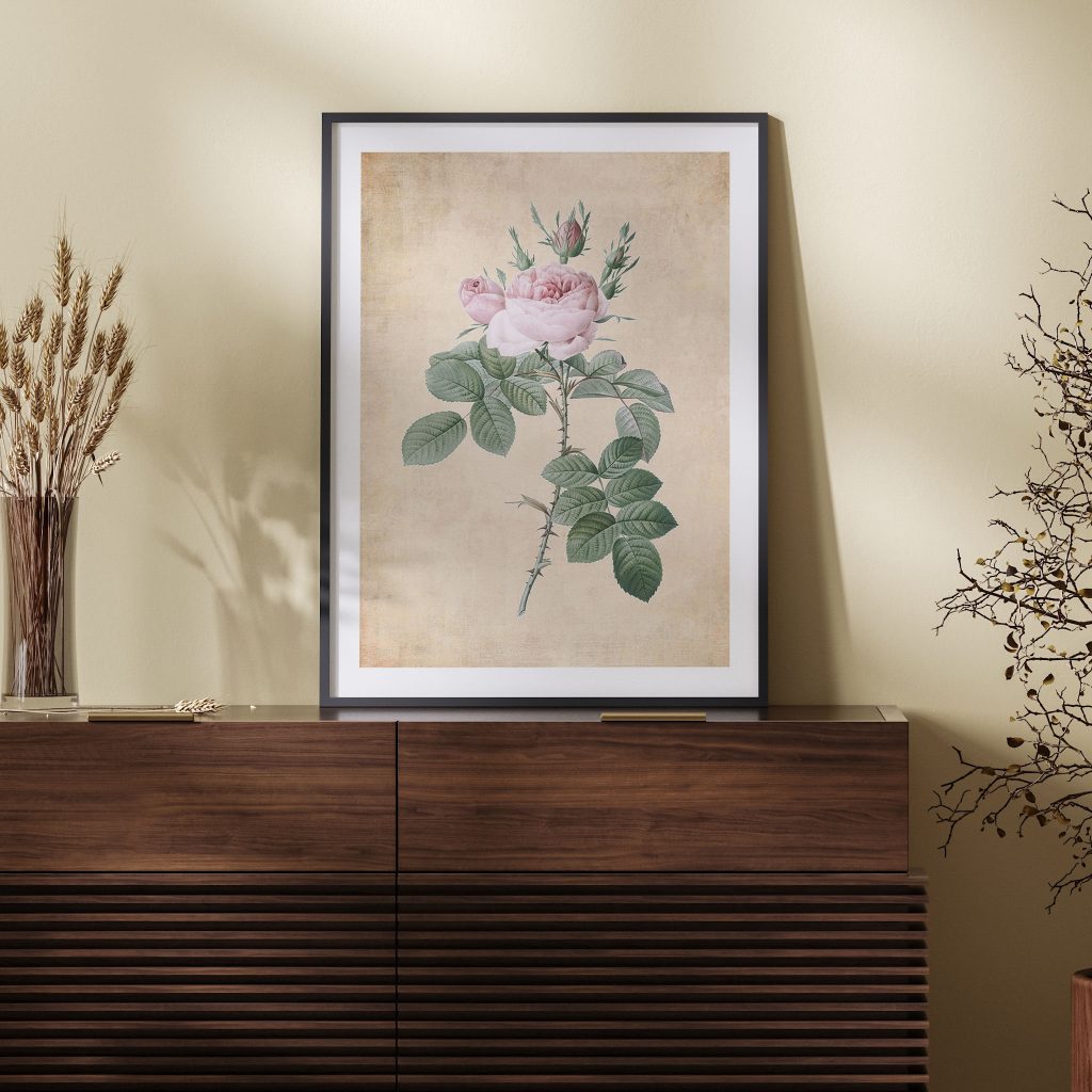 Botanical Pink Rose with Buds – Wall Hanging