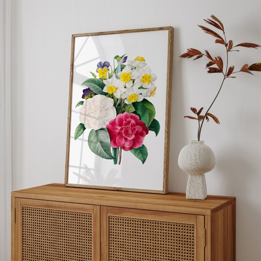 Camellia Narcissus Pansy flower bouquet vintage botanical by Pierre Joseph Redouté