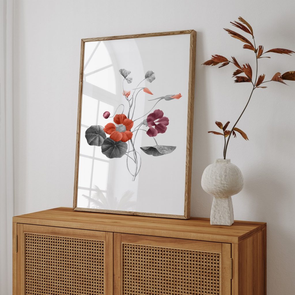Vintage flower grayscale red botanical by Pierre Joseph Redouté