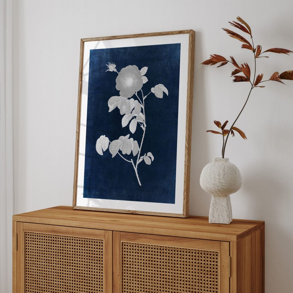 Botanical White Rose Bud Blue – Wall Hanging
