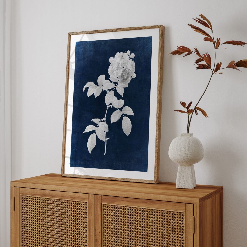 Botanical White Rose Branch Blue 2 – Wall Decor