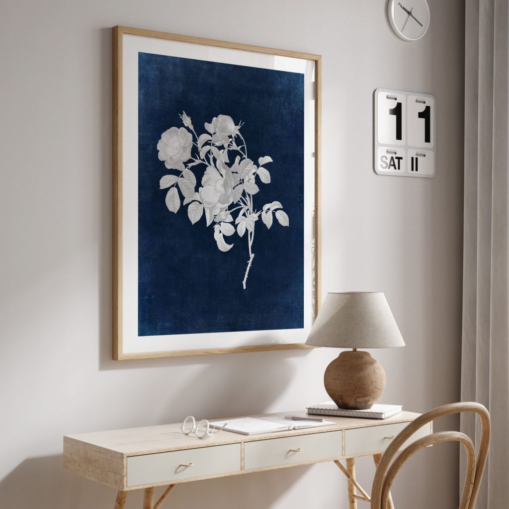 Botanical White Rose Stem Blue – Wall Art