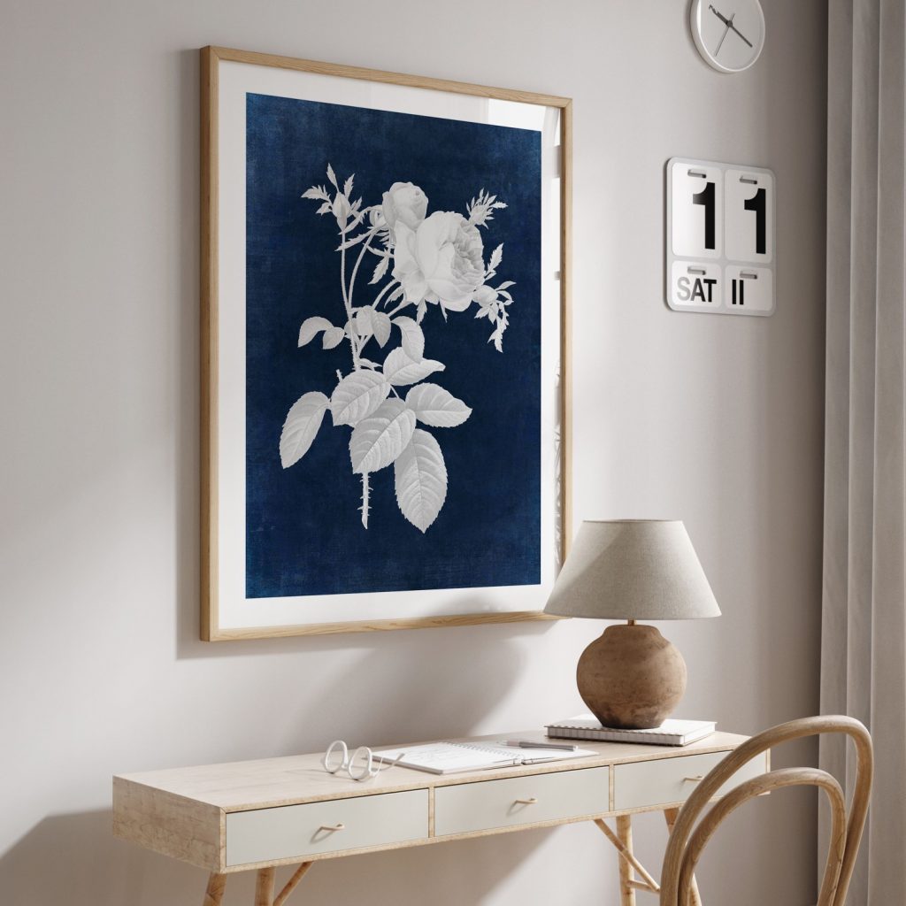 Botanical White Roses and Leaves Navy – Home Decor