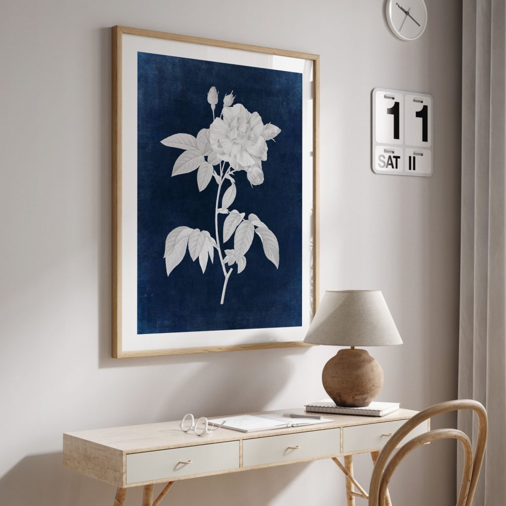 Botanical White Rose Flowers Blue – Home Decor