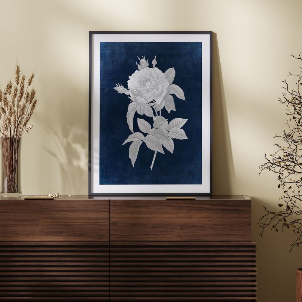Botanical White Rose Leaves Blue – Wall Decor