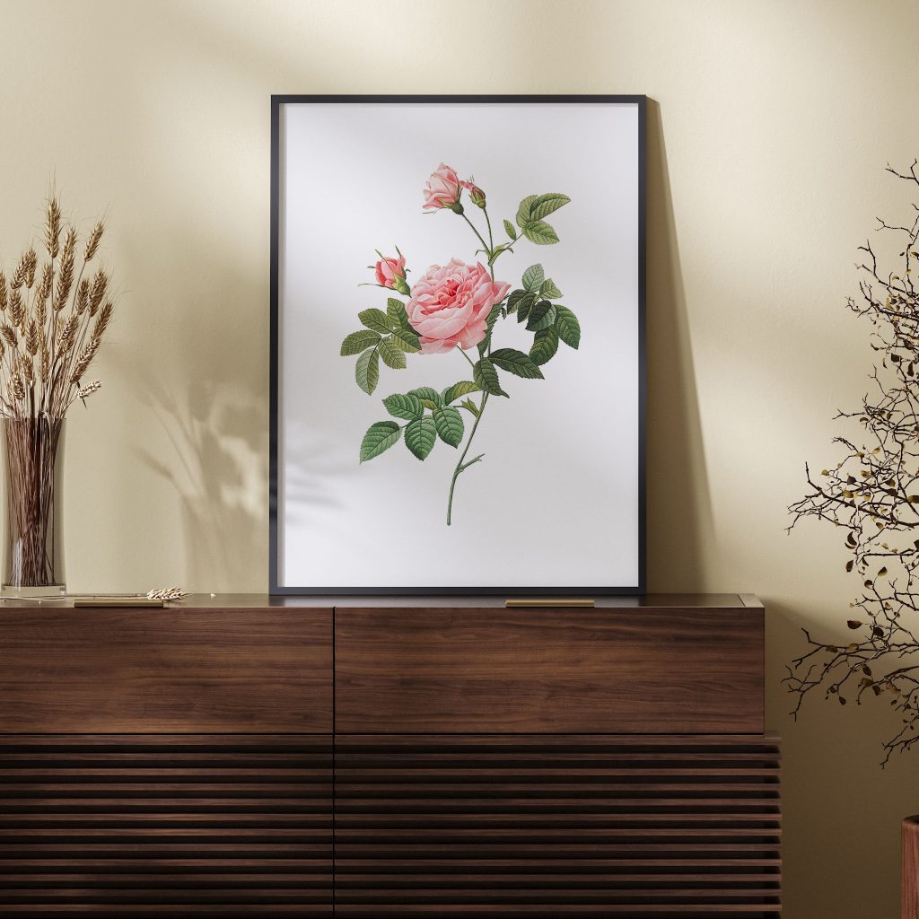 Botanical Pink Roses Green Leaves Illustration – Wall Hanging