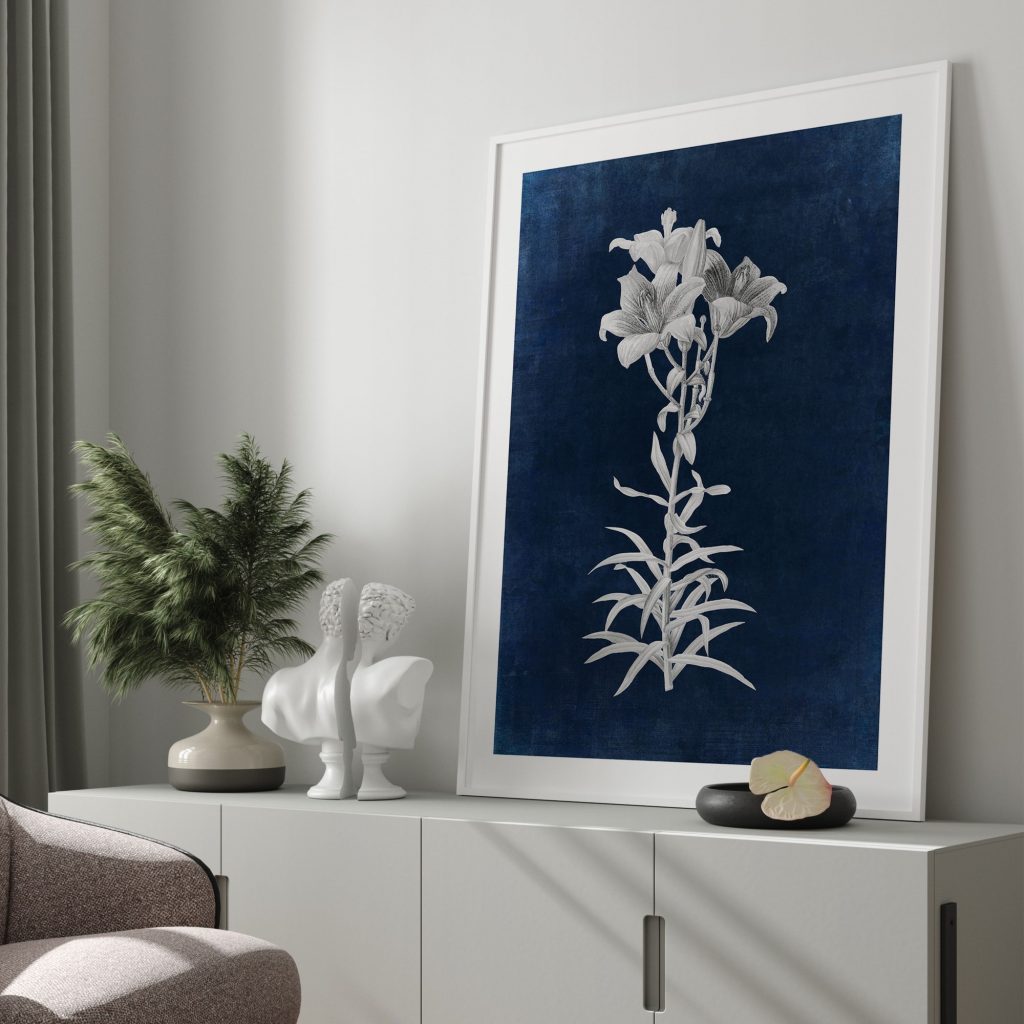 Botanical White Lily Blue Background – Wall Art