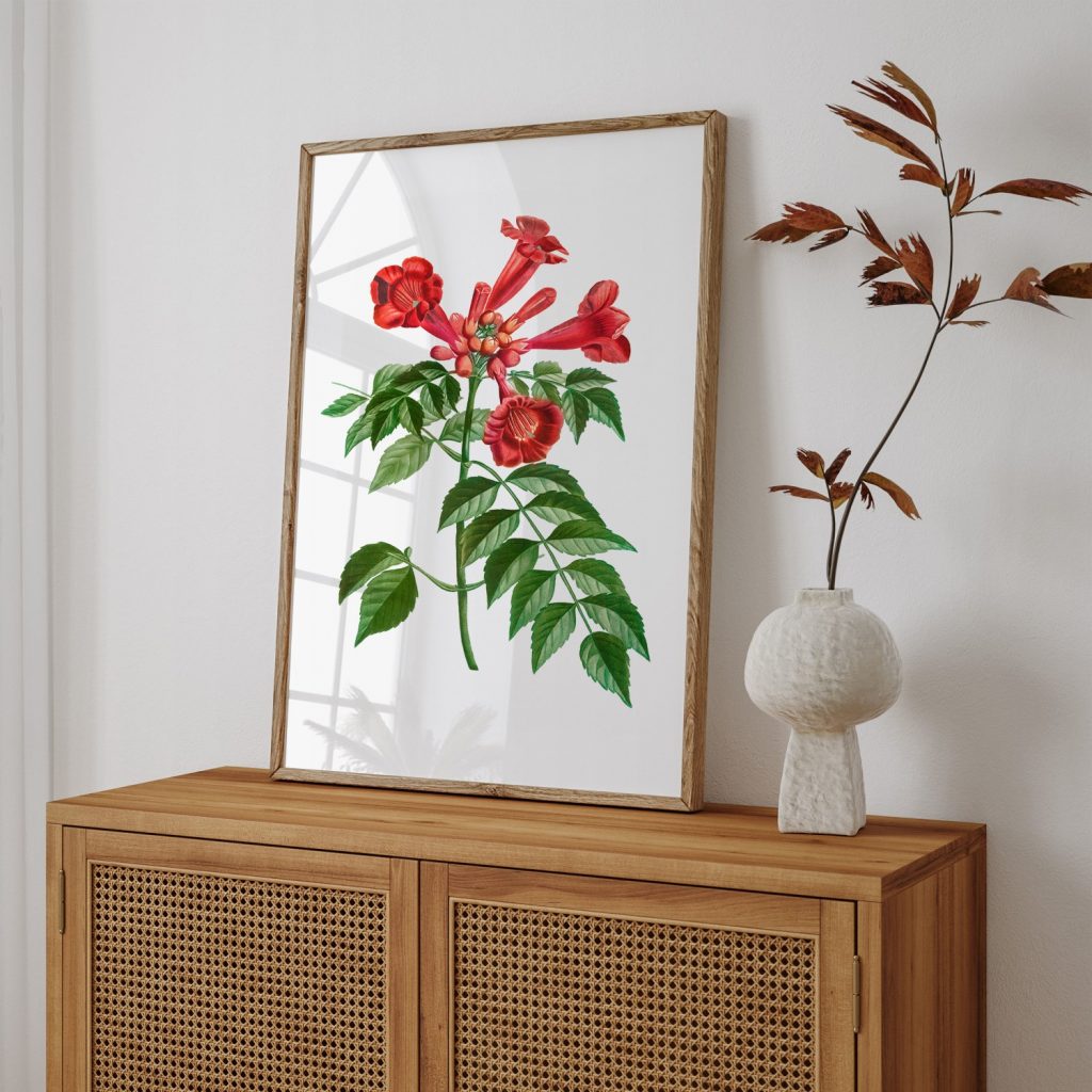 Botanical Red Trumpet Flowers Leaves – Wall Decor