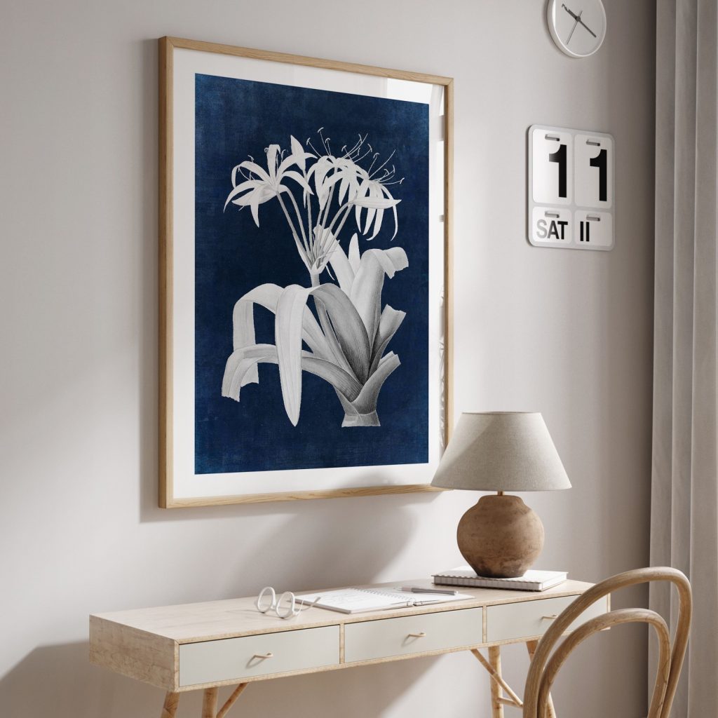 Botanical White Flowers Dark Blue Detailed – Wall Hanging