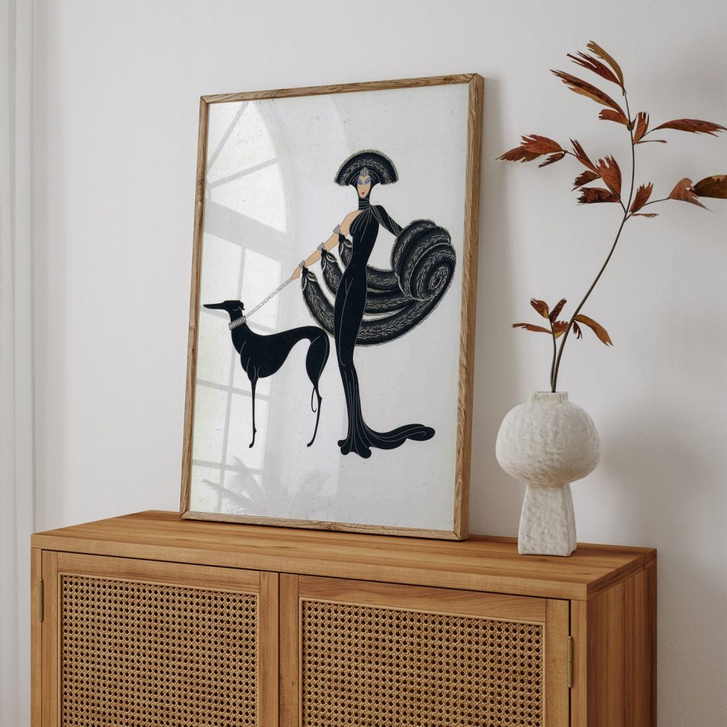 Costume design woman dressed in black, with furs, hat and dog on a lead by Erte (Date Unknown)