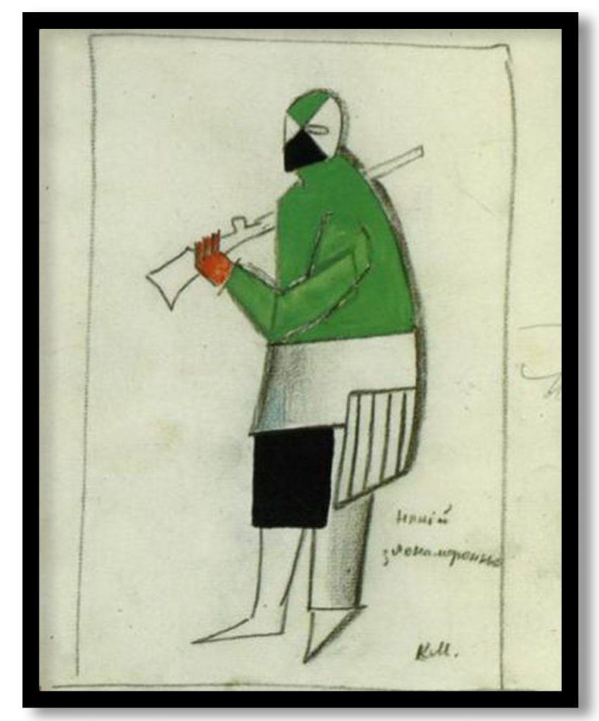 Costume for Victory over the Sun opera. Some evil man by Kazimir Malevich (1913)