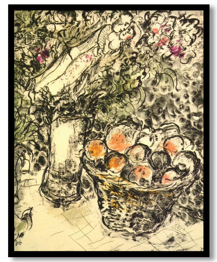 Couple and basket with fruits by Marc Chagall (Date Unknown)