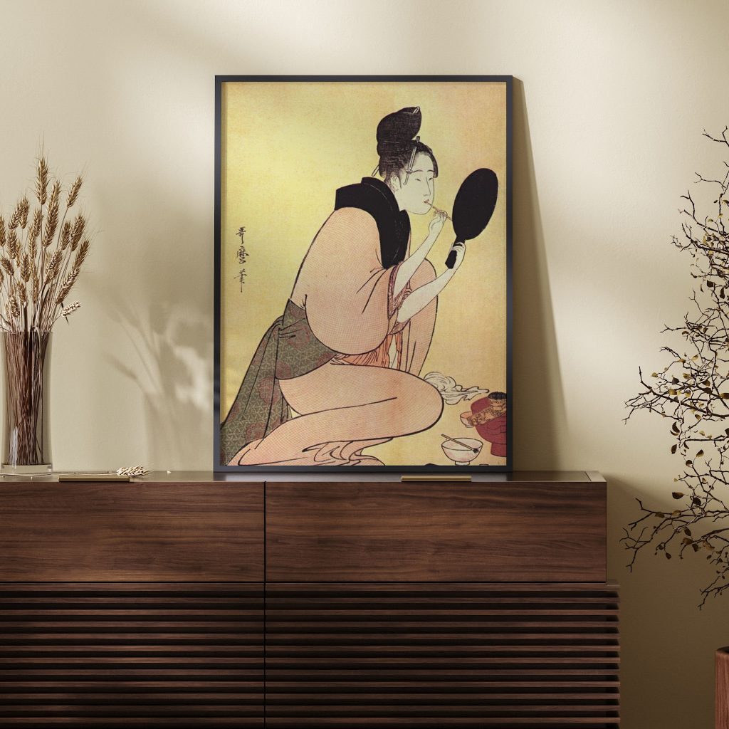 Courtesan applying lip rouge by Kitagawa Utamaro (Date Unknown)