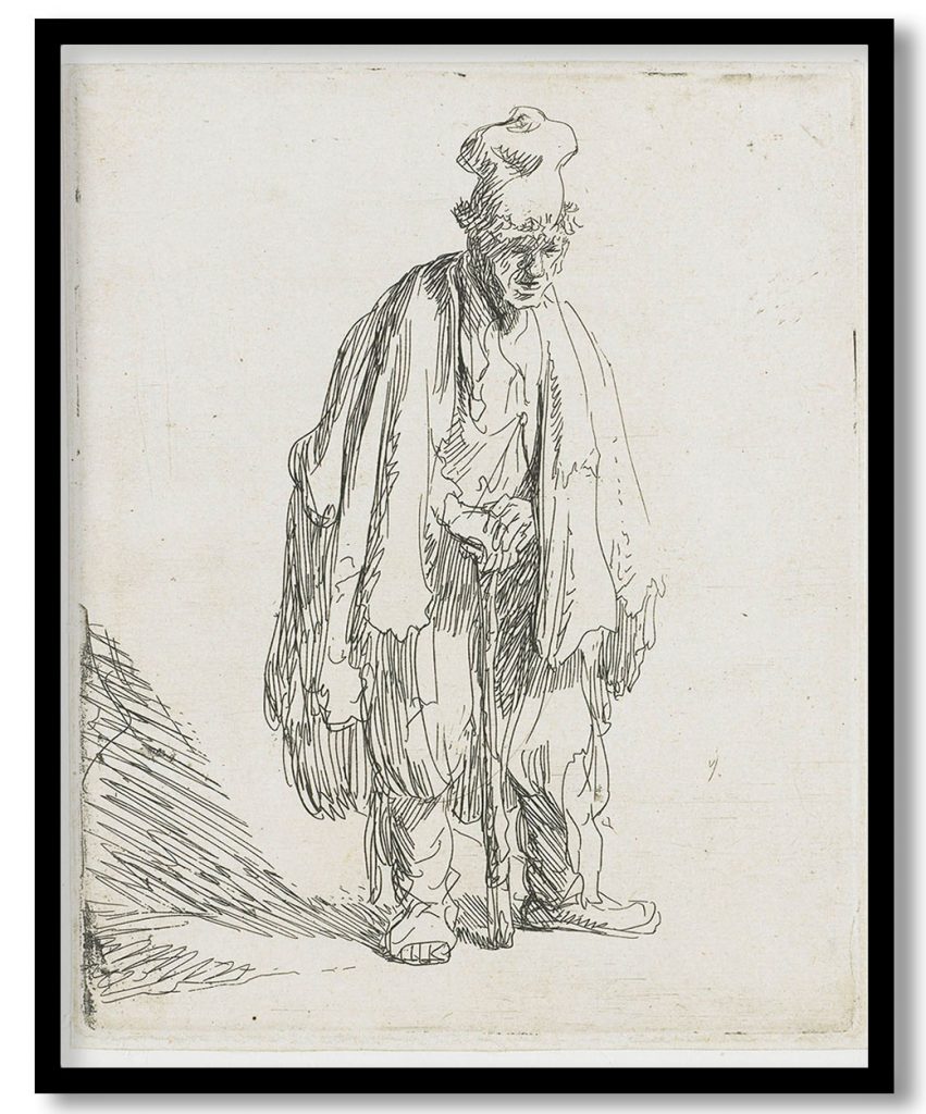 Beggar in a High Cap Standing by Rembrandt (1629)
