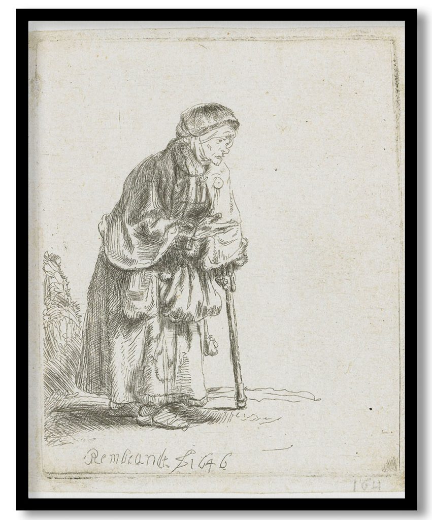 Beggar woman leaning on a stick by Rembrandt (1646)