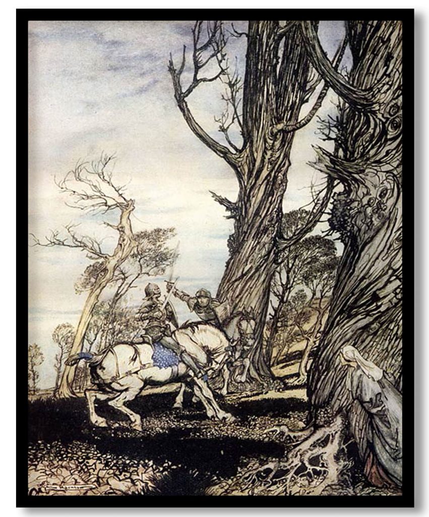 Erec is attacked in the forest by a stranger knight by Arthur Rackham (Date Unknown)