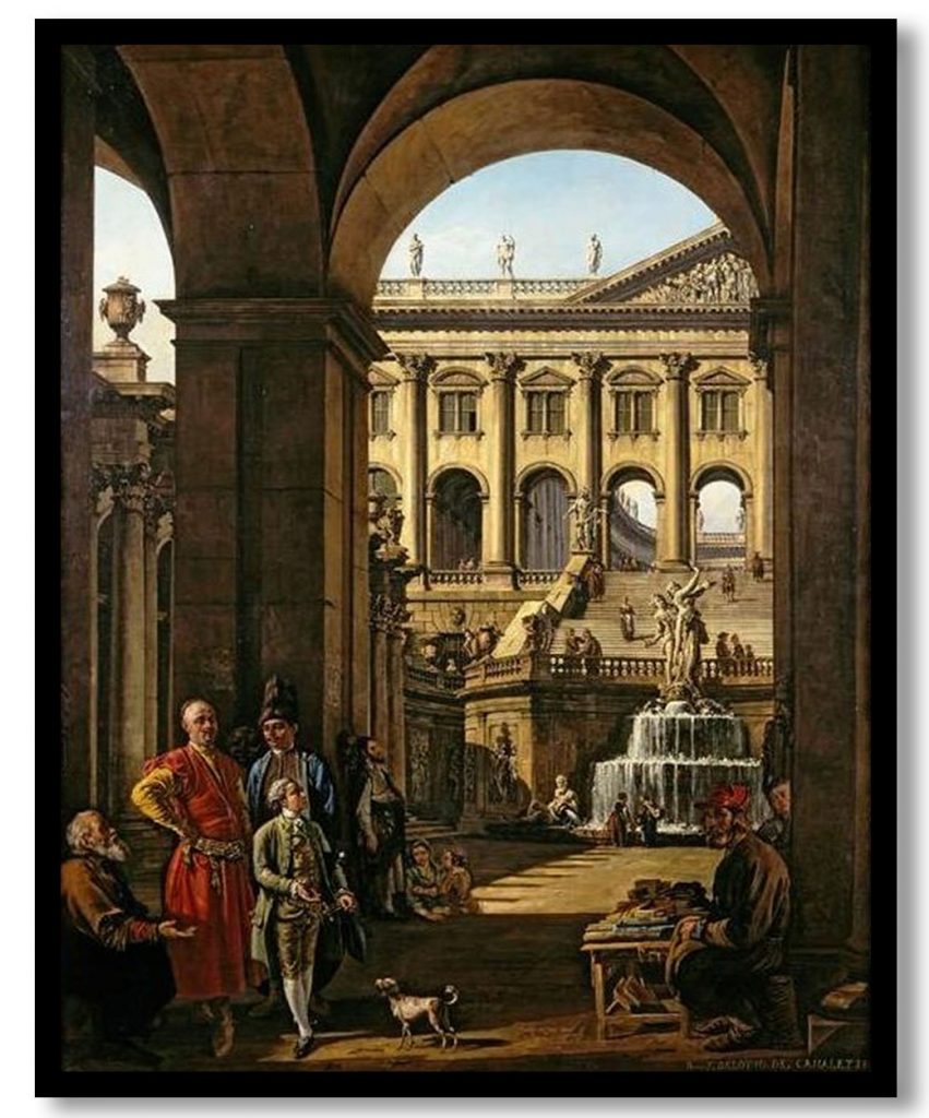 Fantastic architecture with portrait of Franciszek Salezy Potocki and his son Stanisław  by Bernardo Bellotto (1764)