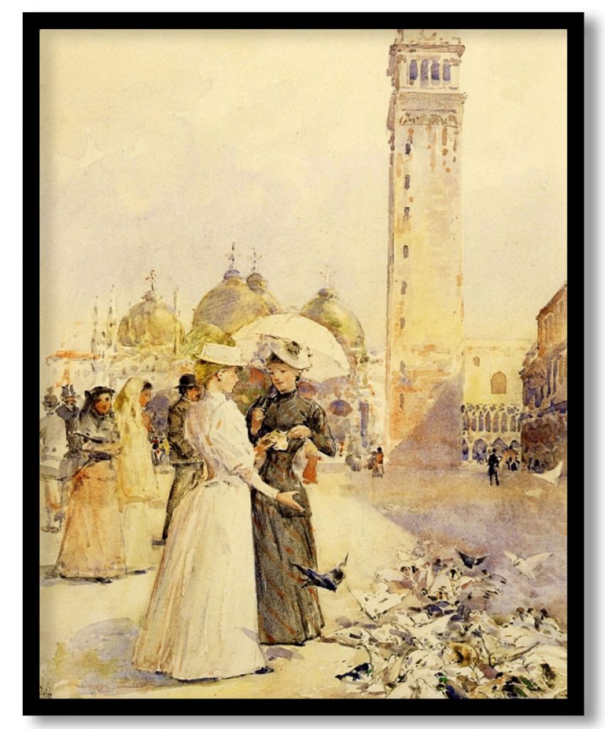 Feeding Pigeons in the Piazza by Childe Hassam (1883)
