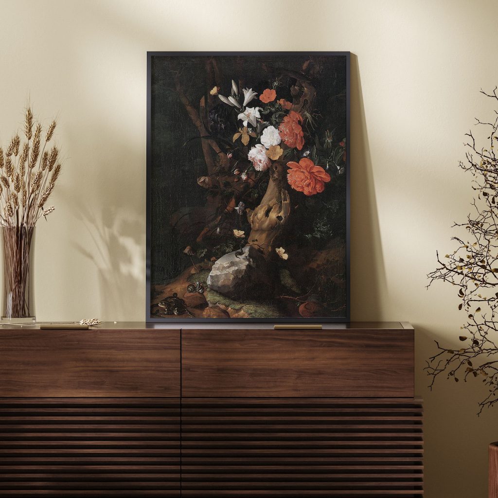 Flowers Around a Tree Trunk, with Insects and Other Animals near a Pond by Rachel Ruysch (1686)