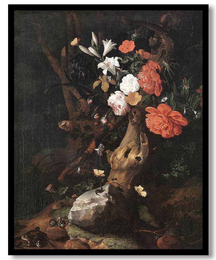 Flowers Around a Tree Trunk, with Insects and Other Animals near a Pond by Rachel Ruysch (1686)