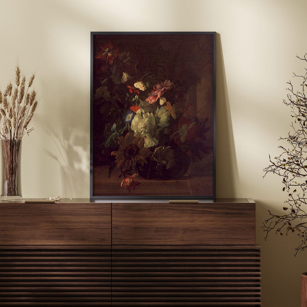 Flowers in a Glass Vase on a Balustrade with Colunnade by Rachel Ruysch (1689)