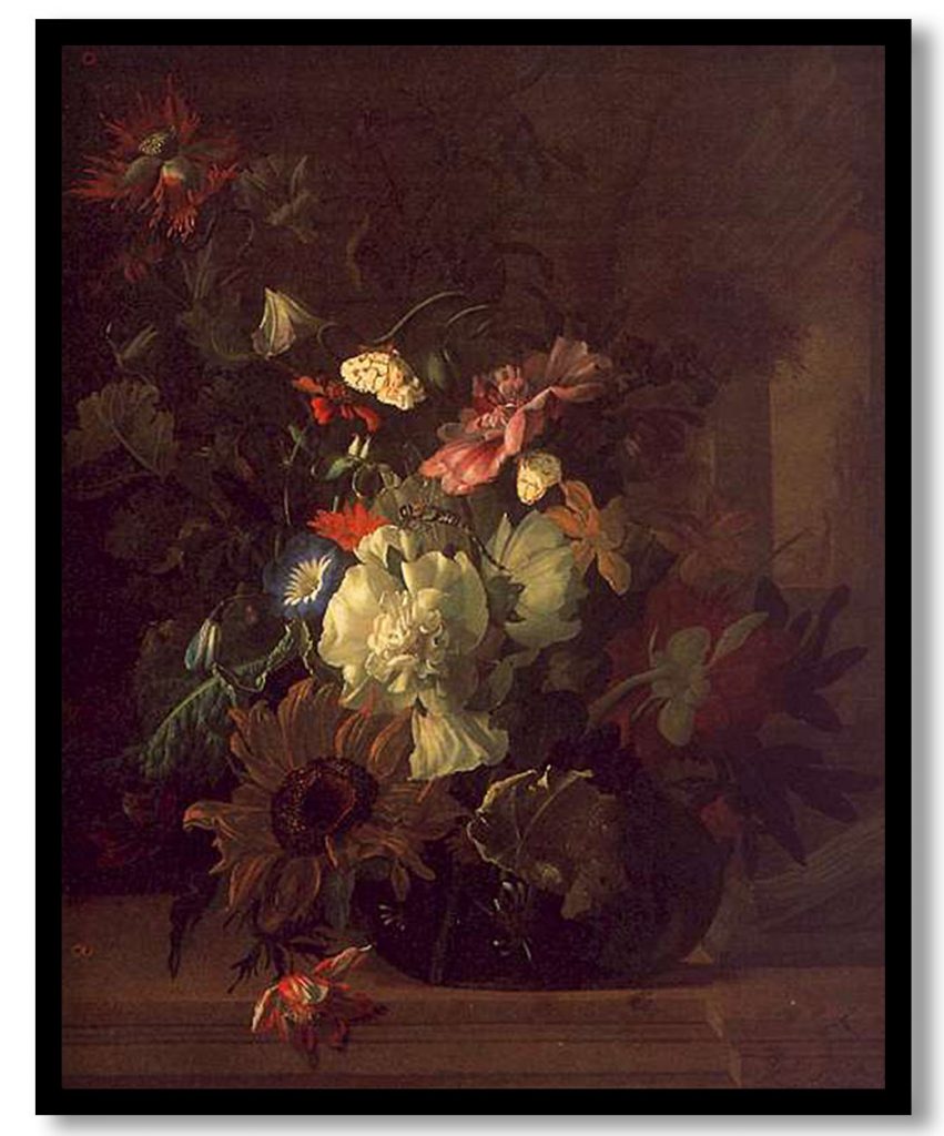 Flowers in a Glass Vase on a Balustrade with Colunnade by Rachel Ruysch (1689)