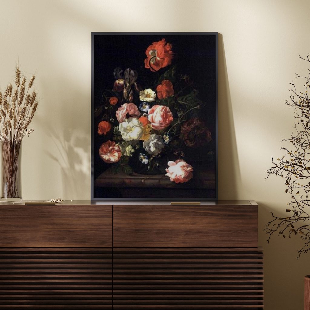 Flowers in a Glass Vase on a Marble Slab by Rachel Ruysch (1710)