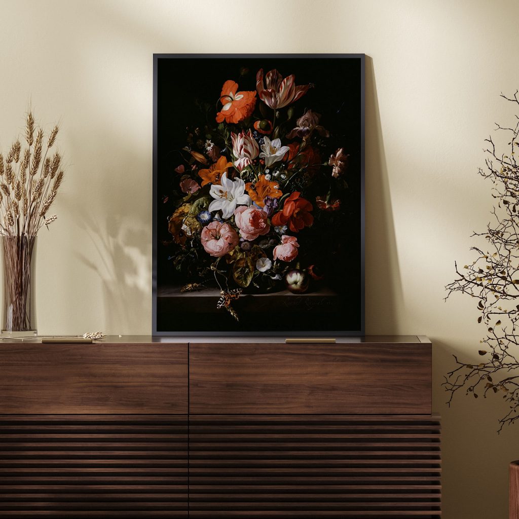 Flowers in a Glass Vase on a Marble Table by Rachel Ruysch (1704)