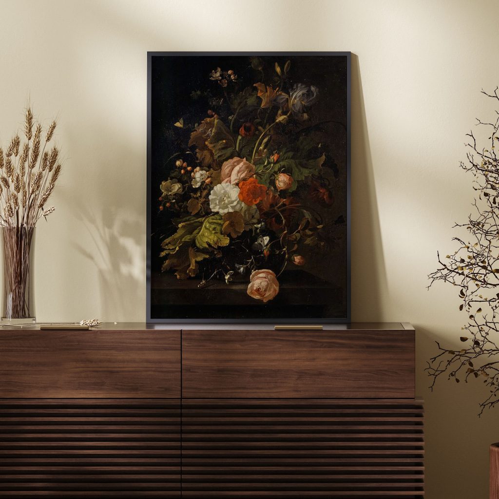 Flowers in a Glass Vase, on a Stone Table by Rachel Ruysch (1701)