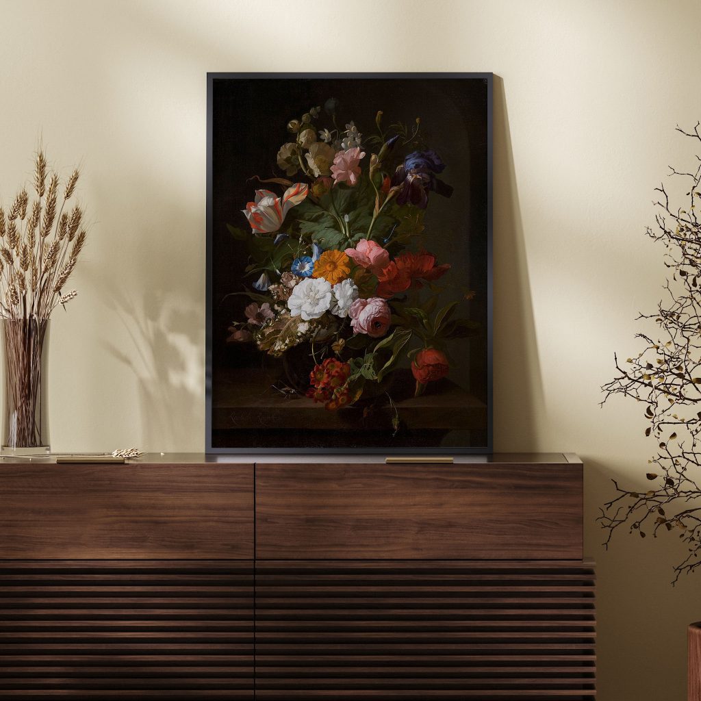 Flowers in a Glass Vase, with a Cricket in a Niche by Rachel Ruysch (1700)