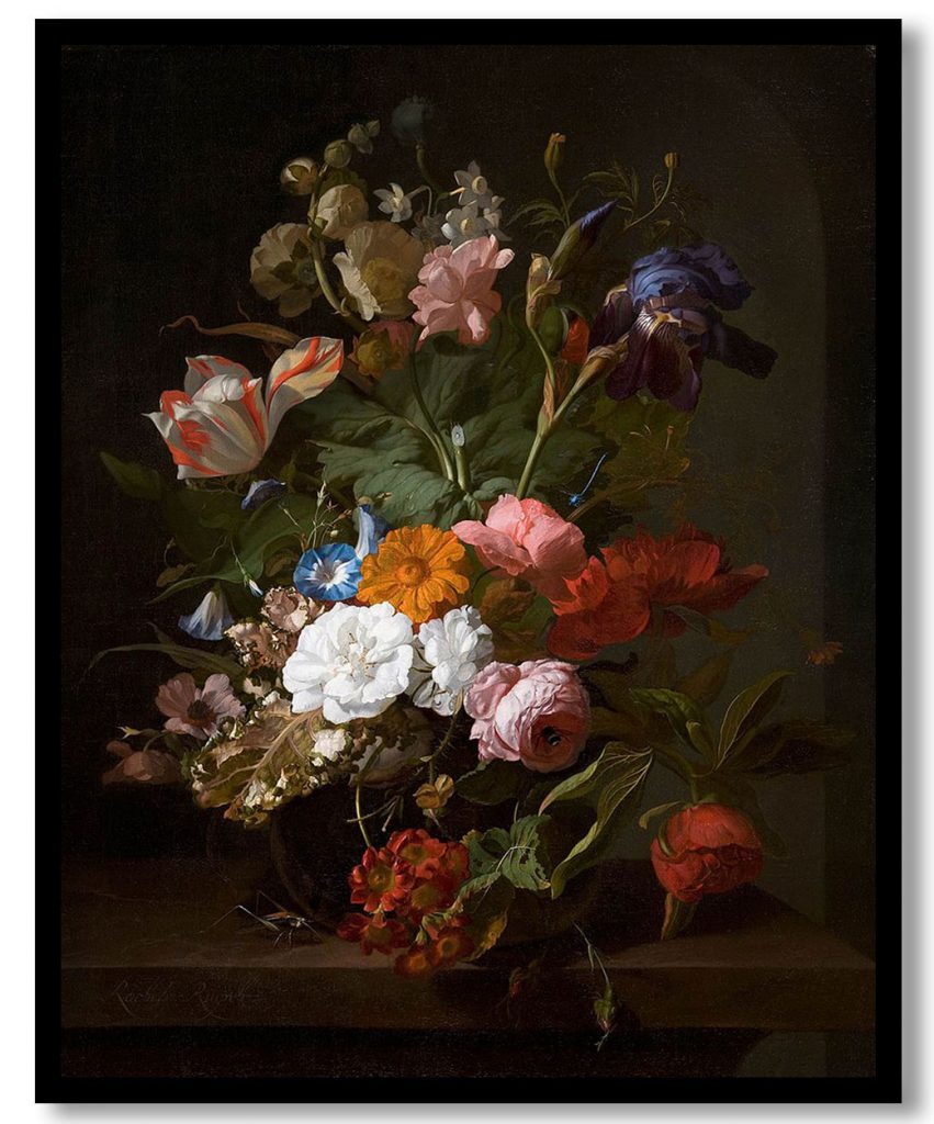 Flowers in a Glass Vase, with a Cricket in a Niche by Rachel Ruysch (1700)