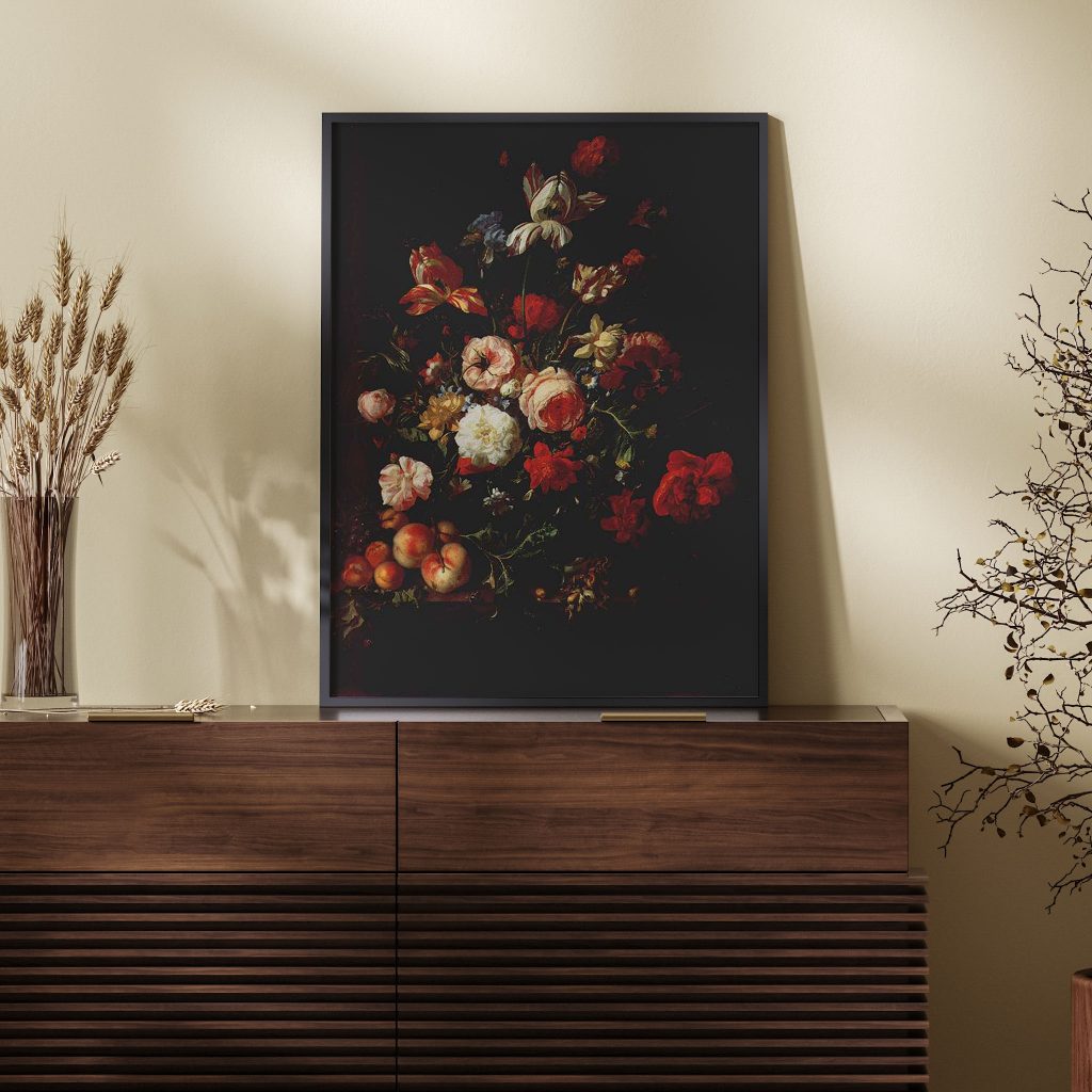 Flowers in a Glass Vase, with Fruit on a Marble Slab by Rachel Ruysch (1707)