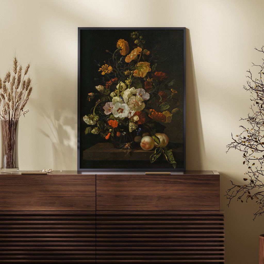 Flowers in a Glass Vase, with Insects and Peaches, on a Marble Tabletop by Rachel Ruysch (1701)