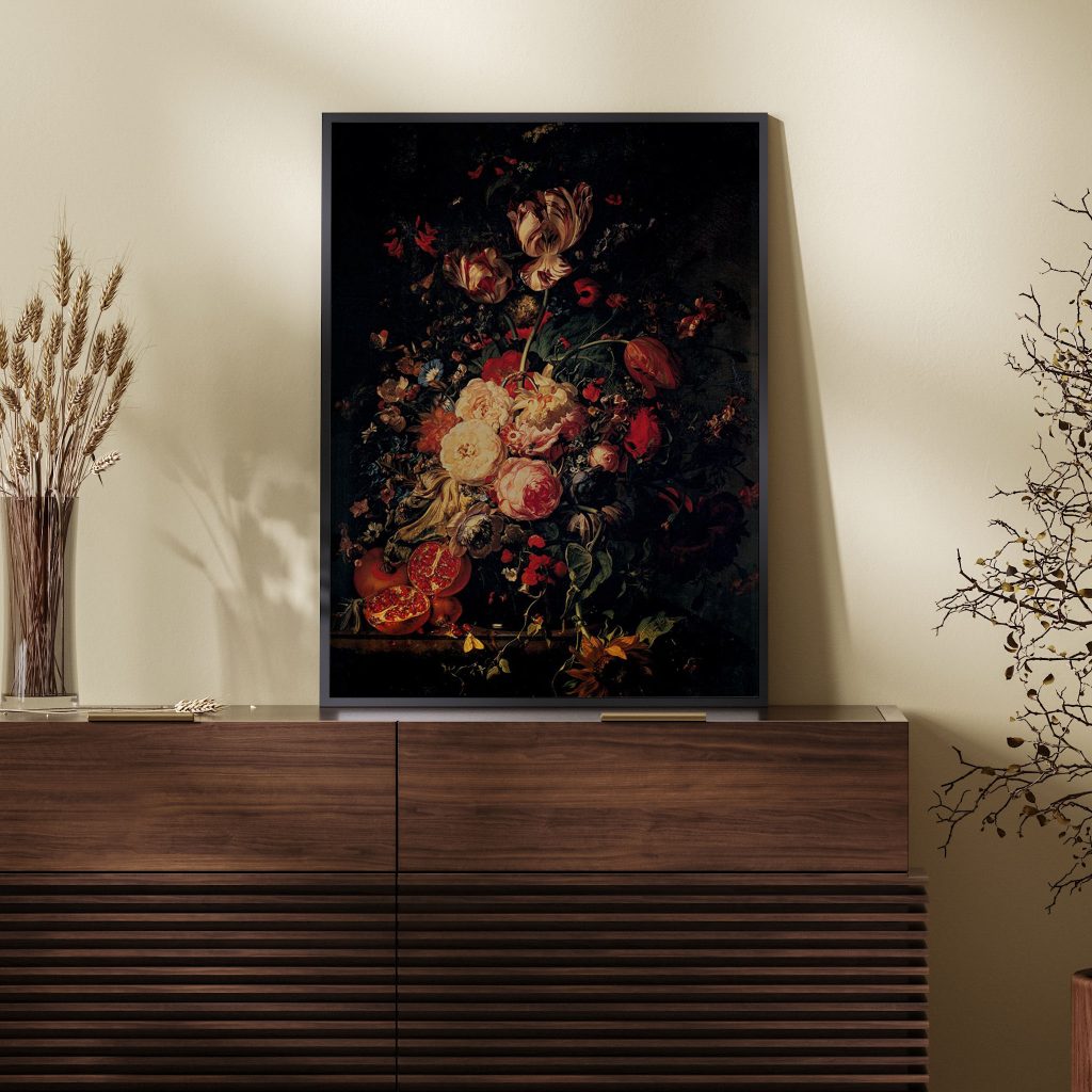 Flowers in a Glass Vase, with Pomegranates, on a Marble Balustrade by Rachel Ruysch (1716)