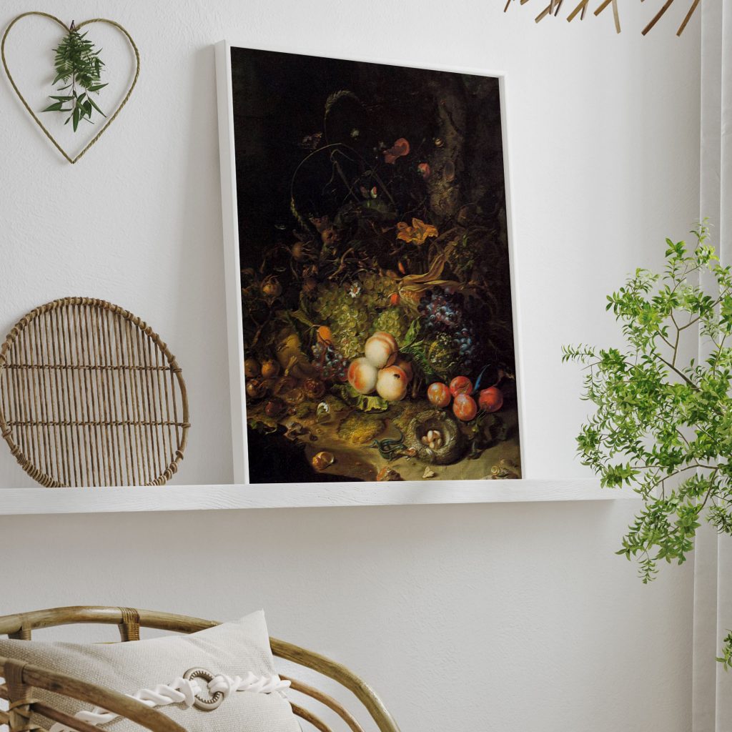 Flowers, Fruit, Reptiles, and Insects on the Edge of a Wood by Rachel Ruysch (1716)