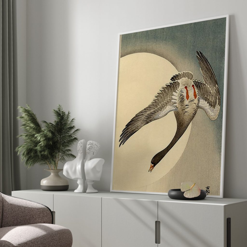 Flying white fronted goose seen from underneath in front of the moon by Ohara Koson (Date Unknown)